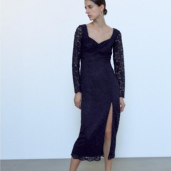 Zara Dresses & Skirts - ZARA LACE MIDI DRESS NAVY BLUE